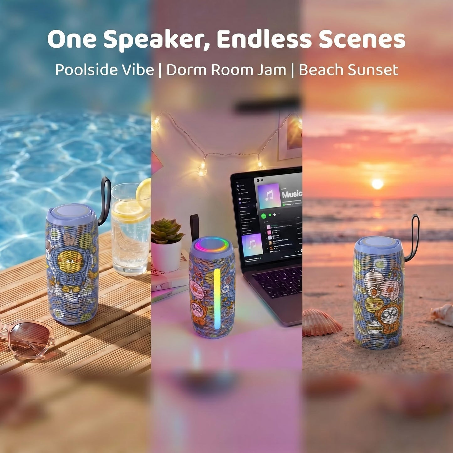 Cute Cartoon Bluetooth Speaker for Girls & Teens, Kawaii Portable Wireless Speaker with RGB Sync Lights, BT 5.3, TWS Pairing, IPX5 Waterproof, 20H Playtime, Birthday Gifts & Room Decor (Blue)