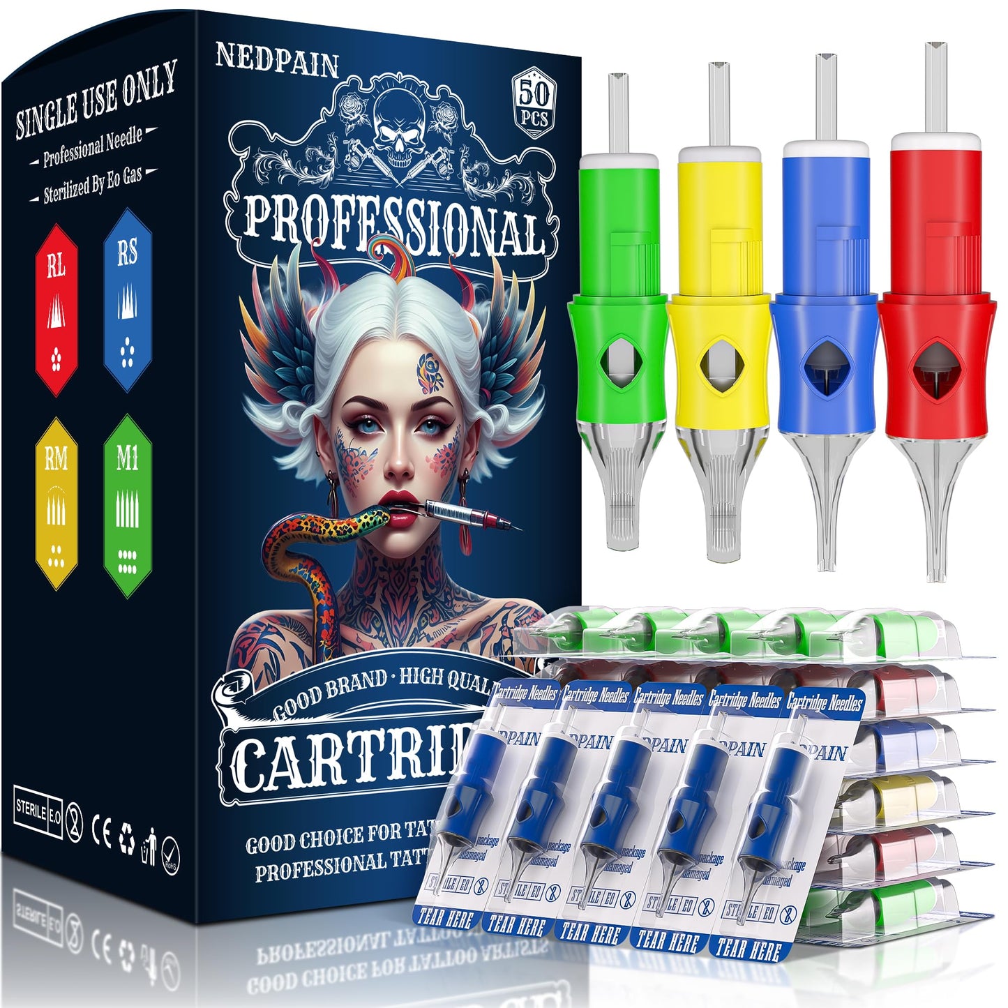 NEDPAIN 50Pcs Tattoo Cartridge Needles #12 Standard Mixed Sizes Round Liner Shader Magnum 3RL 5RL 9RL 3RS 5RS 5RM 9RM 5M1 9M1 Disposable Needles for Rotary Tattoo Machine Tattoo Supplies
