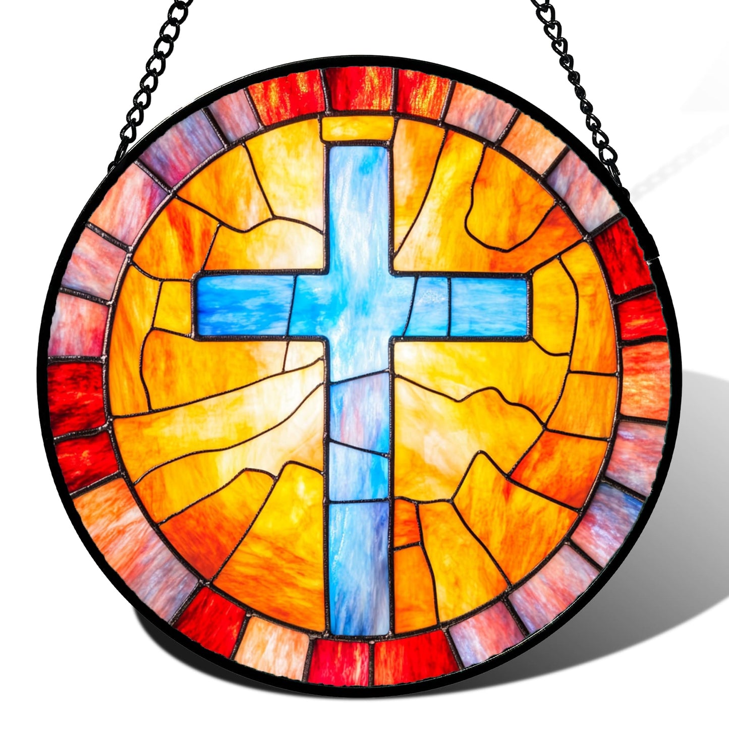QZQCBLC Christian Gifts for Women - Blue Jesus Cross Stained Glass Window Hanging Easter Orange Sun Catcher Garden Religion Decor Mother's Day Catholic Gift for Men Grandma Nana Dad Mom Her 6.3"