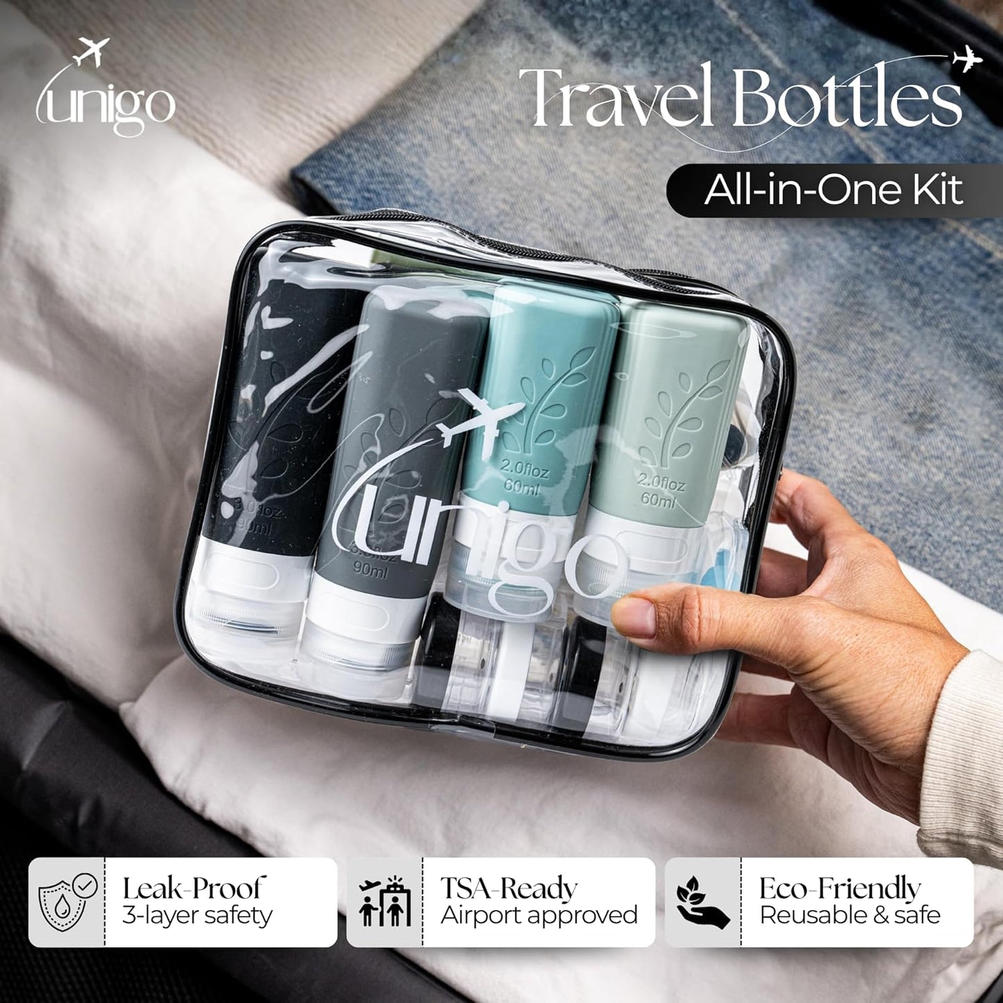Unigo Travel Bottles Set - 30 Pack Leakproof Refillable Toiletry Containers | TSA Approved with Labels & Brushes