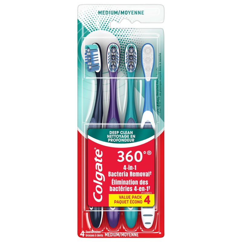 Colgate 360 Whole Mouth Toothbrush, Adult Toothbrushes Medium Bristles, Helps Remove Bad Breath Bacteria and Plaque, Medium Toothbrush Pack, Includes Cheek and Tongue Cleaner, 4 Pack