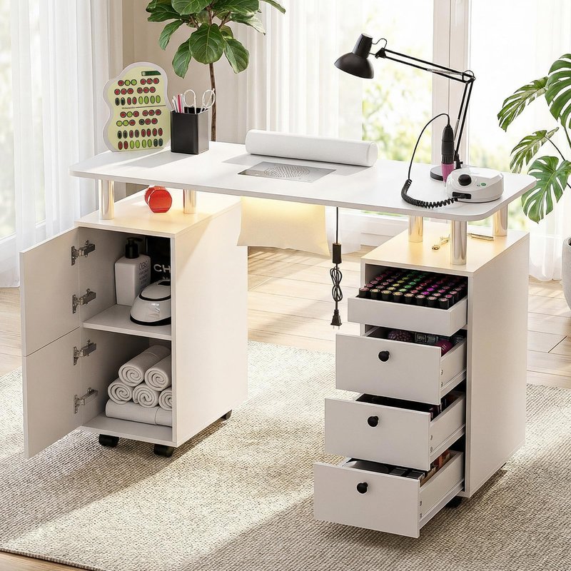 Oakvera Nail Tech Table with Dust Collector & LED Light, Rolling Manicure Desk with Storage Drawers & Cabinets, Lockable Wheels, Acetone-Resistant Beauty Workstation for Salon, Home (White)