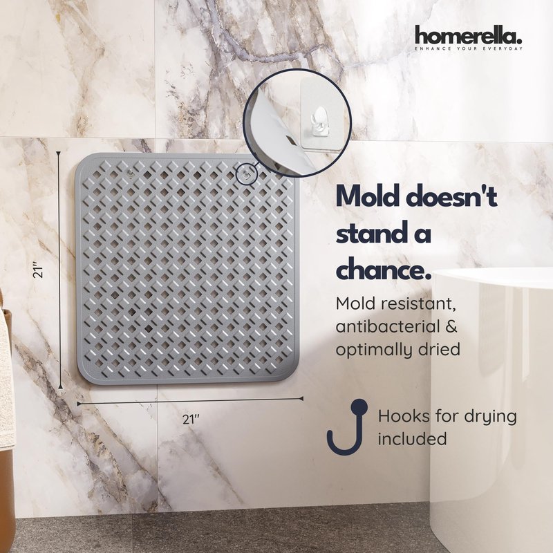 homerella® Shower Mat Non Slip Anti Mold, Non Slip Shower Mats for Inside Shower Stall Anti Slip Mat, Square Shower Floor Mat 21 x 21 in with Suction Cups & Hooks for Quick Drying, Machine Washable
