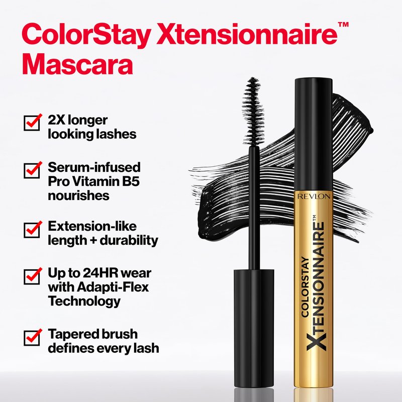 Revlon ColorStay Xtensionnaire Lengthening Lash Serum and Mascara In One, Tapered Brush for 2X Longer Looking Eyelashes, Infused with Pro Vitamin B5, Smudge-Proof, 201 Blackest Black