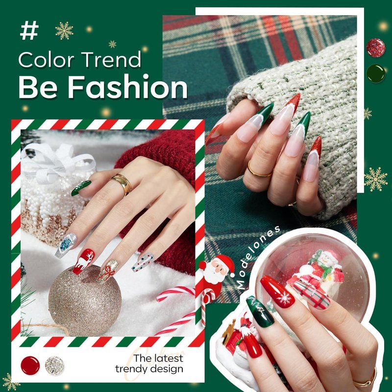 modelones Gel Nail Polish Set, 6 ColorsSparkle Dark Green Red Silver Champagne Rose Gold Glitter Gel Polish Kit New Year Soak Off Nail Art Manicure Salon DIY Home Gift