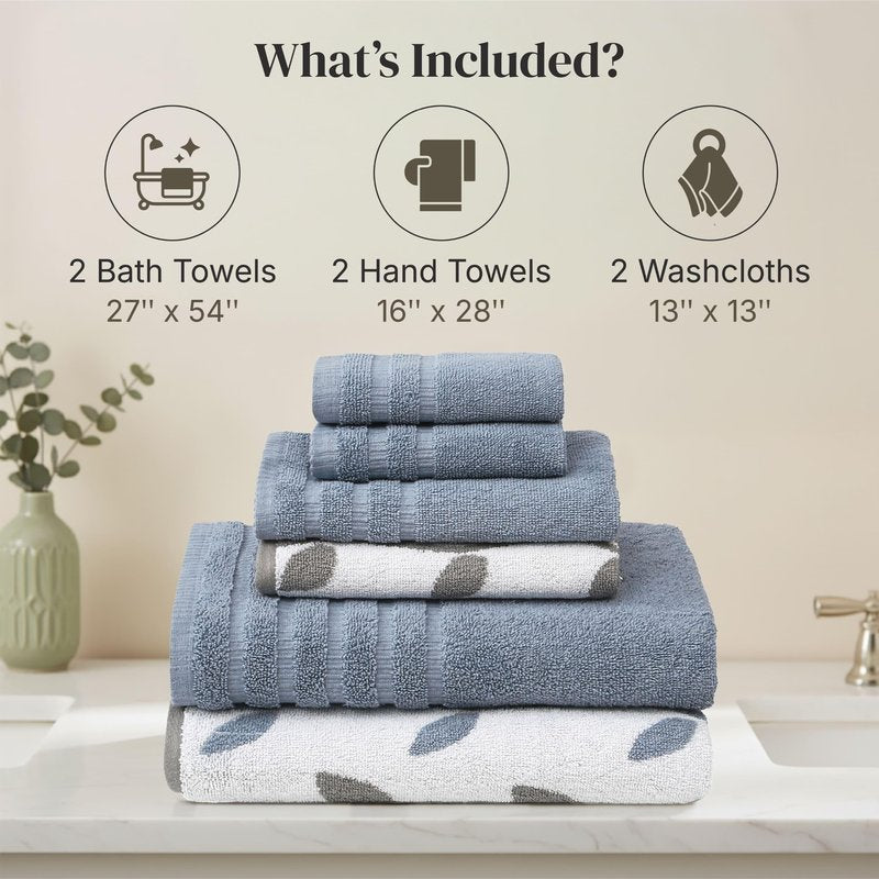 Modern Threads 6 Piece Bath Towel Set – Bathroom Set with 2 Bath Towels, 2 Hand Towels, and 2 Wash Cloths – 100% Cotton, Super Absorbent & Extra Soft – Reversible Natural Vine (Blue)