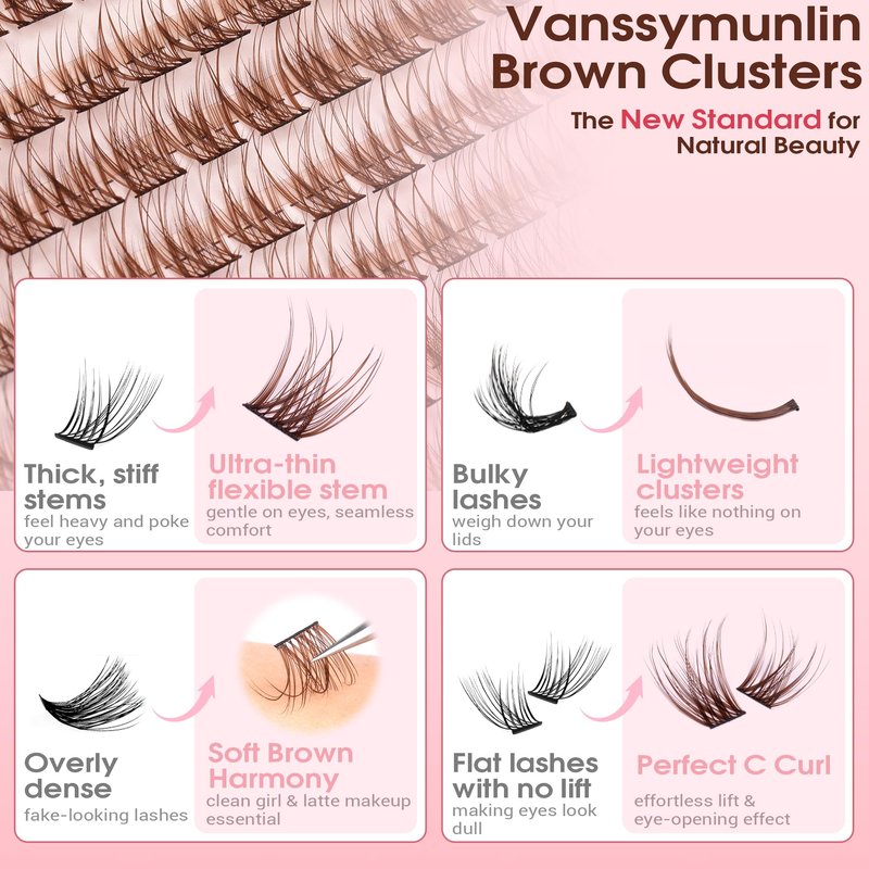 Natural Brown Lash Clusters Kit Wispy Eyelashes Clusters Kit C Curl Cluster Eyelash Extensions 10-16mm Cluster Lashes DIY Eyelash Clusters Waterproof Individual Lashes Extension Kit with Brush