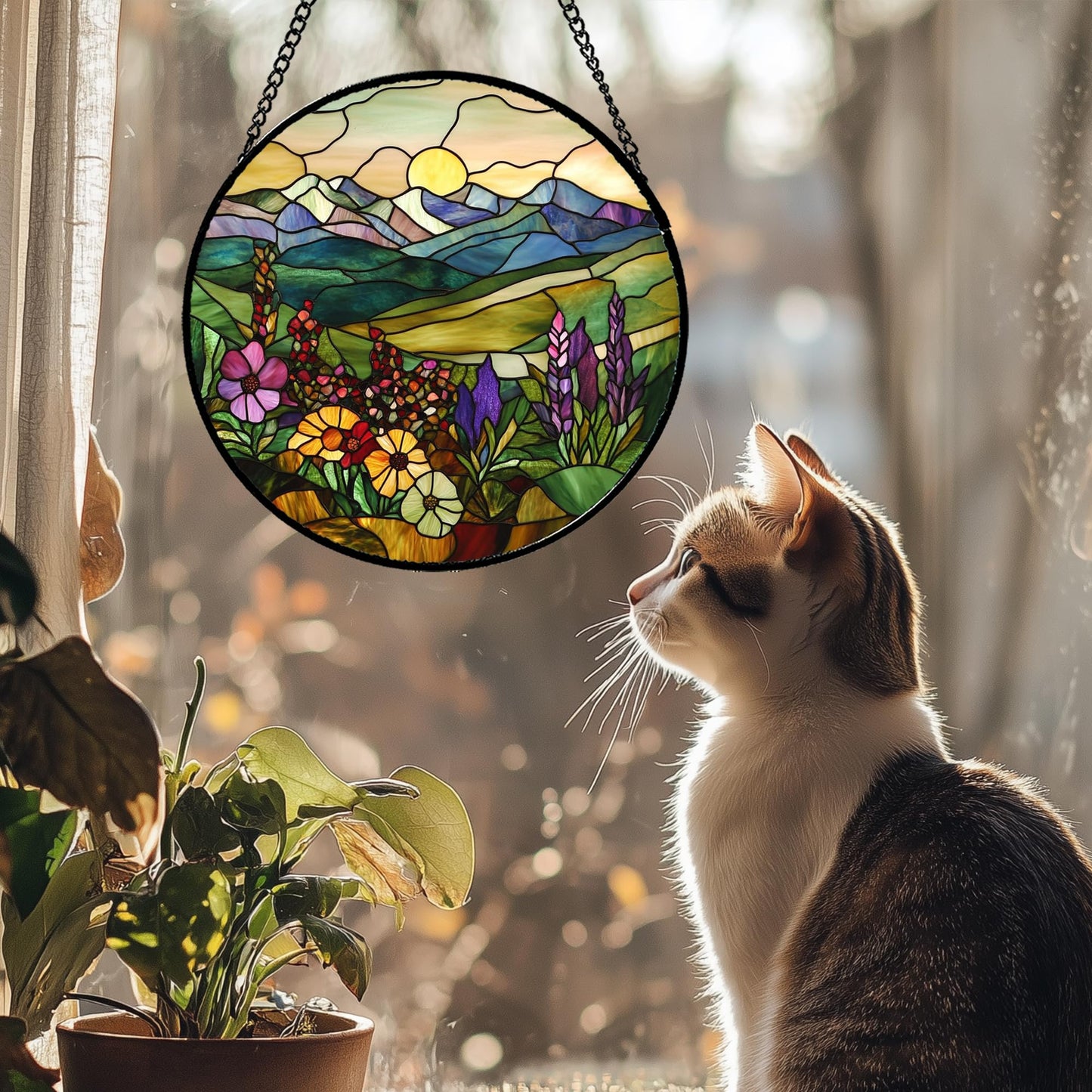 QZQCBLC Stained Glass Window Hanging Purple Wildflowers Pastoral Scenery Large 11.8" - Suncatcher Door Garden Sun Catcher Home Decor Birthday Christmas for Mom Men Woman Friend