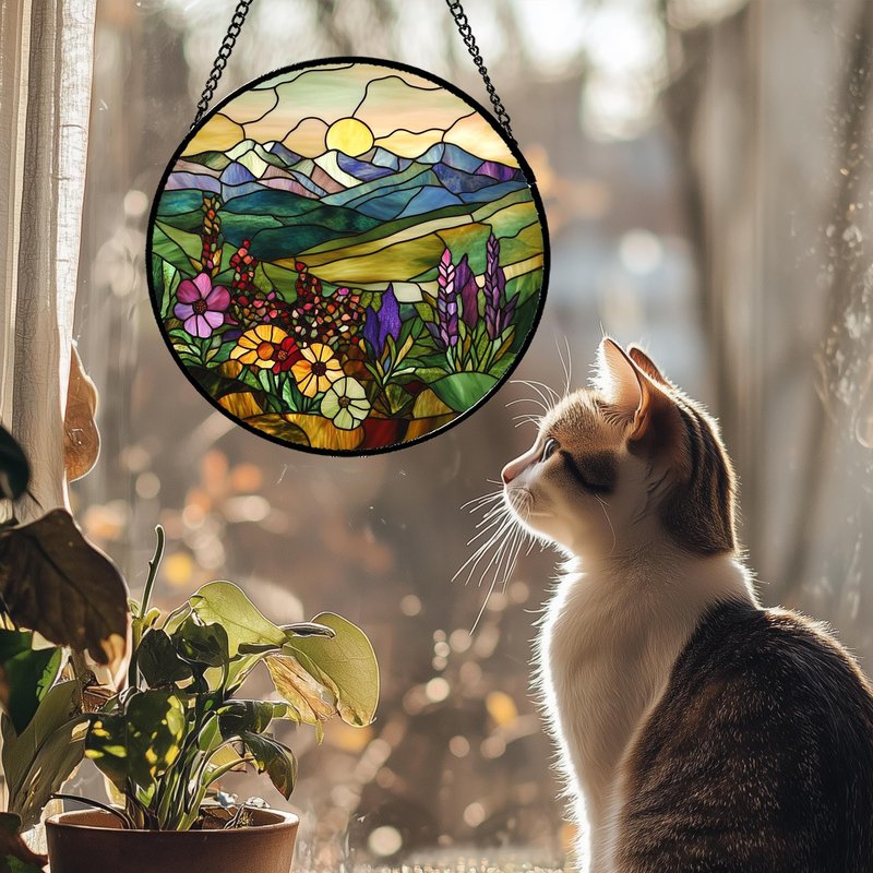QZQCBLC Stained Glass Window Hanging Purple Wildflowers Pastoral Scenery 6.3" - Suncatcher Door Garden Sun Catcher Home Decor Birthday Christmas for Mom Men Woman Friend