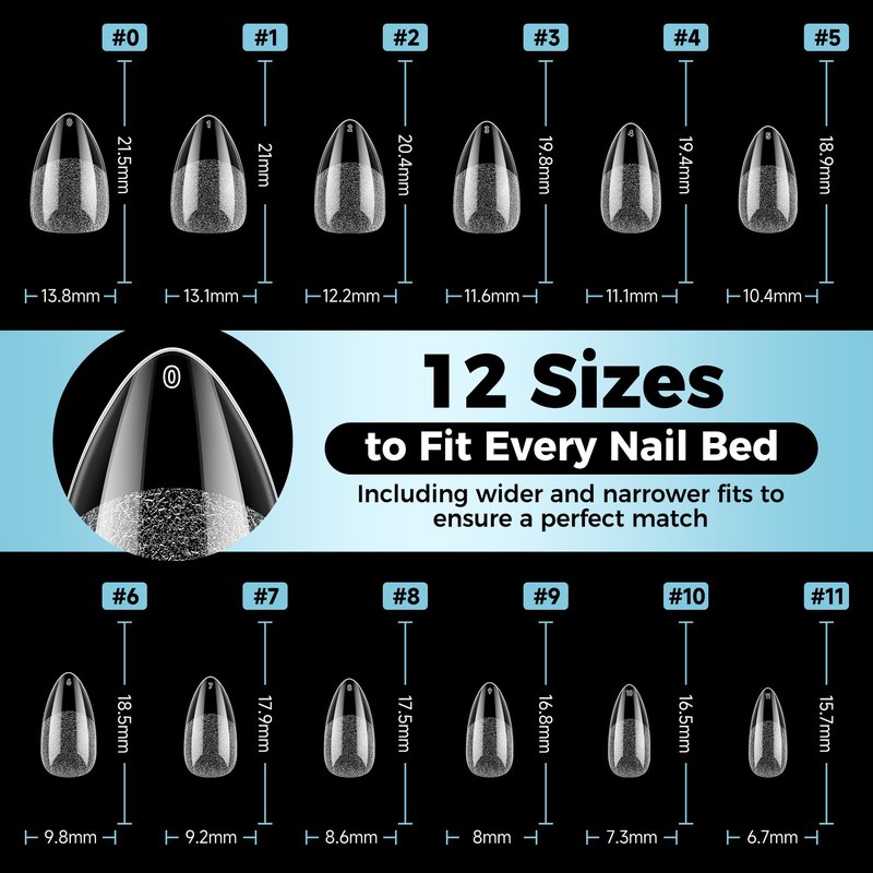 Luckyfairy Short Almond Gel Nail Tips 360Pcs, Pre Etched Nail Tips Almond Shape Full Cover Soft Gel Fake Nails for Nails Extension DIY Art Salon 12 Sizes