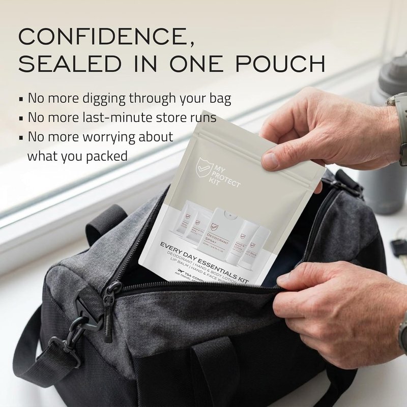 MY PROTECT KIT Everyday Essentials Travel Kit – TSA Compliant Hygiene & Toiletry Set with Deodorant Spray, Lotion, Lip Balm & Cleansing Wipes, Self Care Kit for Purse, Gym, Hotels & Airbnb
