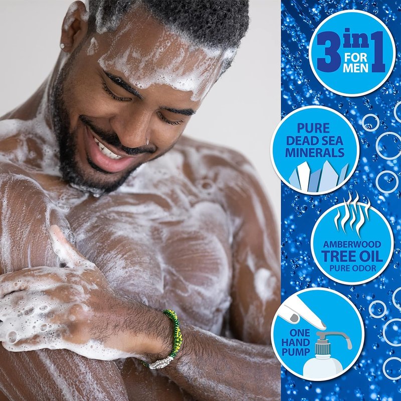 Dead Sea Collection Amber Wood Men’s Body Wash – 3 in 1 Body Wash for Men for Hair, Face & Body – Moisturizing Shower Gel with Dead Sea Minerals – Pack of 2 (33.8 fl oz each)