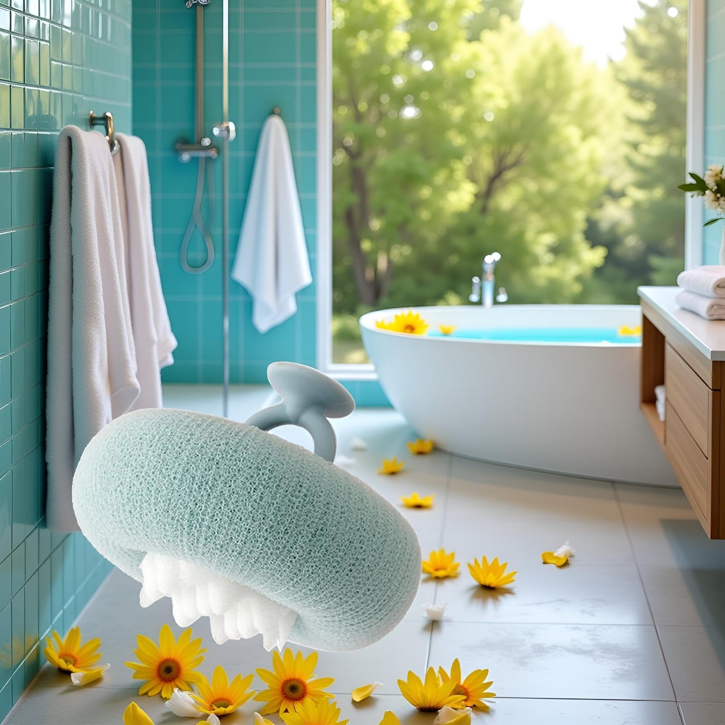 Lightcyan Suction Cup Bath Ball, Sunflower Suction Cup Bath Ball,Sunflower Exfoliating Body Scrubber, Bath Sponges Bath Sponge for Women and Men Shower Loofah Sponge