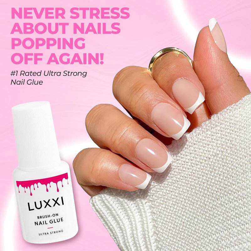 LUXXI Brush-On Nail Glue - Quick-Drying Adhesive for Press-On Nails | Precision Applicator, 0.24oz, Pink Gel