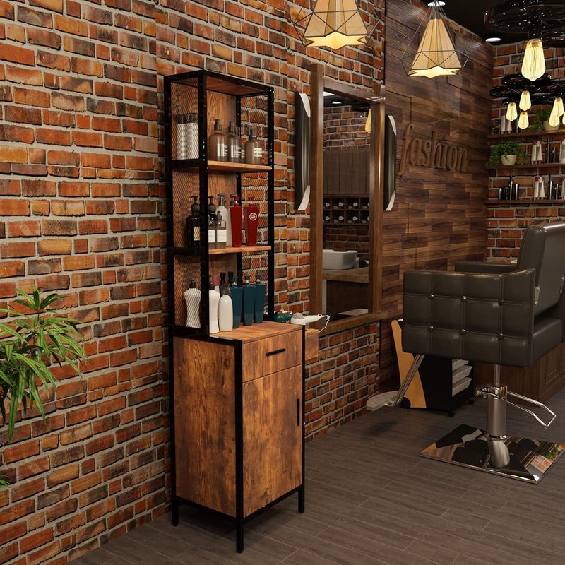 3-Layer Salon Storage Cabinet - Beauty Barber Styling Station Organizer with Drawer & Hot Tool Holders | Rustic Design