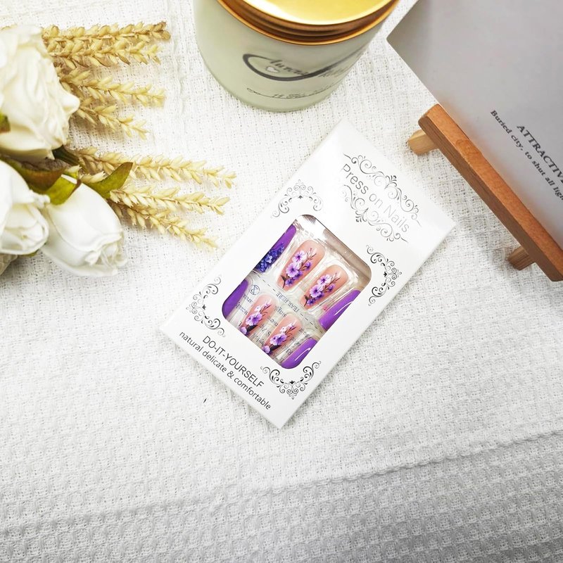 24Pcs Purple Press on Nails Spring Fake Nails Purple Flower Design False Nails Long Square Acrylic Nails Full Cover Glossy Stick on Nails for Women Girls Spring Summer Nail Art Decor