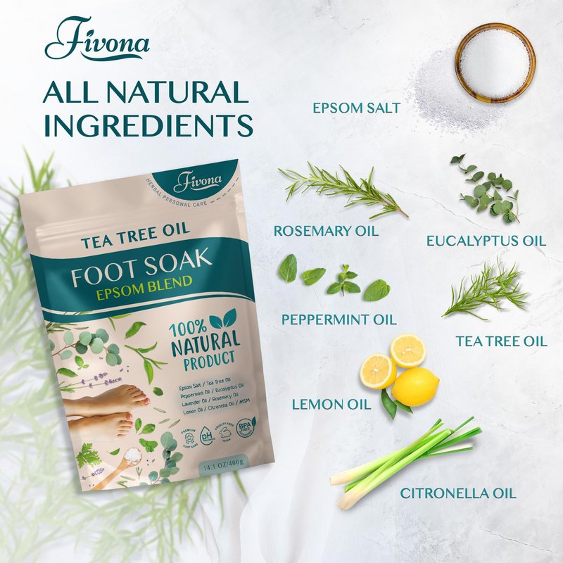 Fivona Tea Tree Foot Soak Blend 14.1 oz - Epsom Salt with Essential Oils for Healthy Toenails, Soothing Relief, Callus Softening - Pedicure Therapy for Soft, Rejuvenated Feet