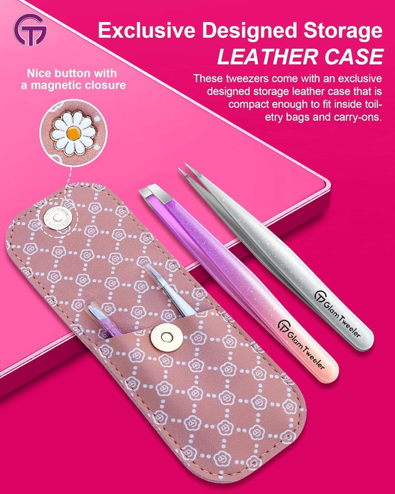 GlamTweeler Slant & Point Tip Tweezer Set - Precision Hair Removal | Sparkle Violet & Silver Carrying Case