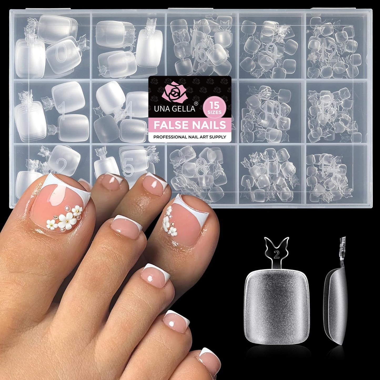 UNA GELLA Toe Nail Tips - 312 Pcs Full Cover Press-On Fake Nails | Soft Gel, Double Matte, 15 Sizes for DIY Nail Art