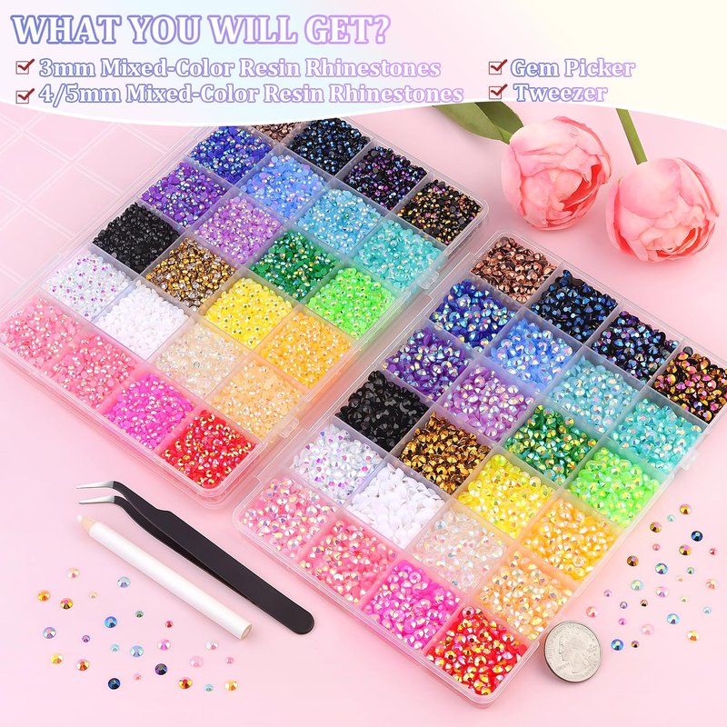 Jelly Rhinestones - 40,000 Pcs Multicolor Flatback Resin Gems for Crafting | Bedazzler Kit with Tweezers for DIY Projects