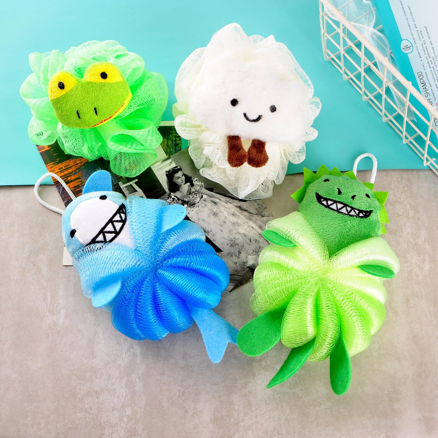 RAMFIYN 2 Pack Fun Bubble Bath Kid Loofahs, Cute Animal Loofah Bath Sponge, Shower Puffs Body Scrubber, Fun Bath Sponges - Shark and Dinosaur