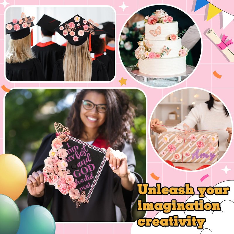 Feifeiya 41 Pcs DIY Graduation Cap Decorations Accessory Kit Include Faux Flower Heads Graduation Quote Glitter Sticker 3D Butterfly Pearl Rhinestones Sticker (Classic,Pink)