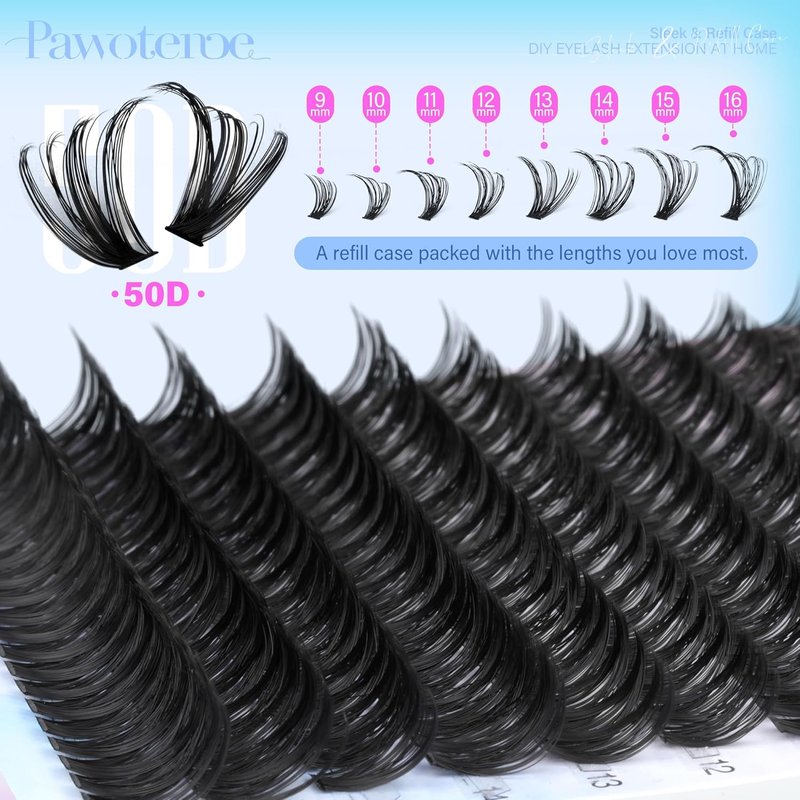 Pawotence Lash Clusters - 200pcs 50D Individual Eyelash Extensions | Self-Application 9-16mm