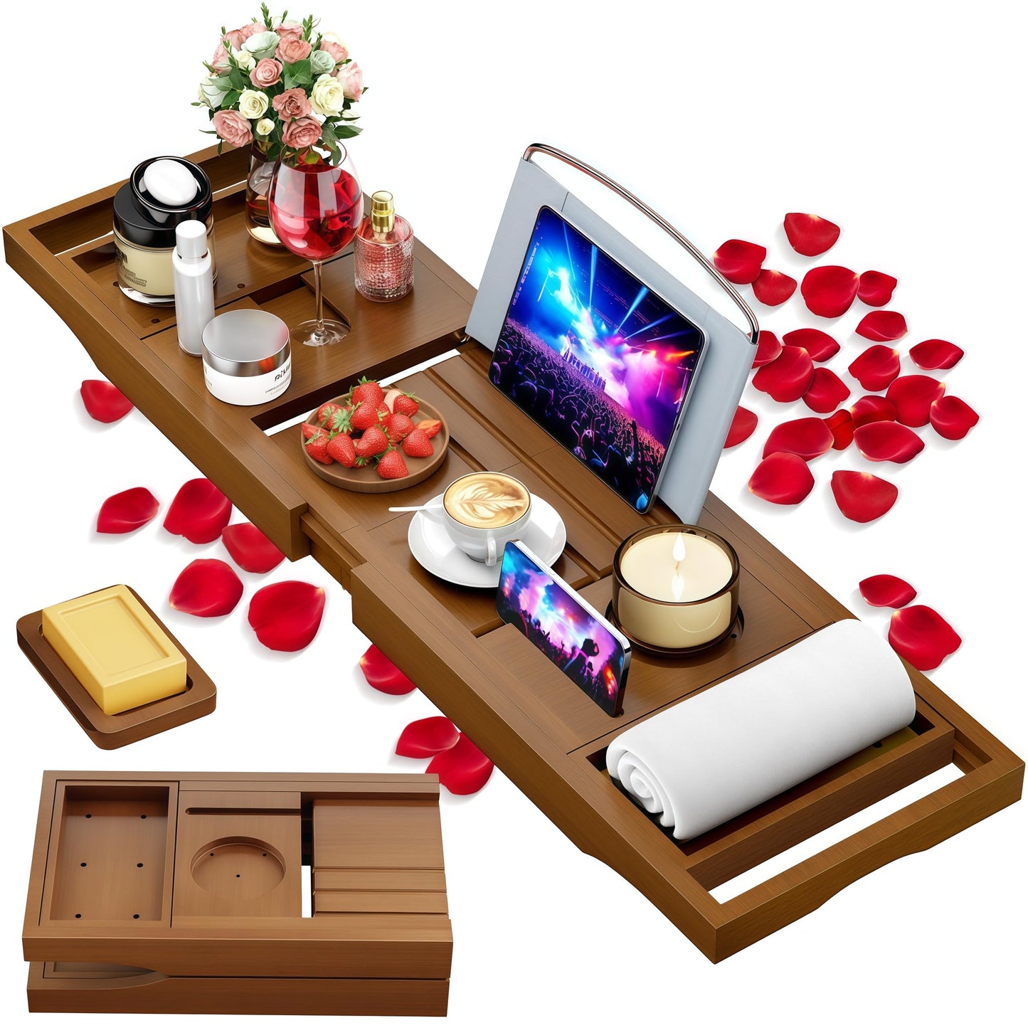 Foldable Bathtub Caddy Tray, Bamboo Bath Tub Tray Table for Tub with Wine Glass Holder Book Phone Tablet Holder with Extending Sides, Adjustable Bathroom Bathtub Free Soap Holder Gift Idea (Walnut)