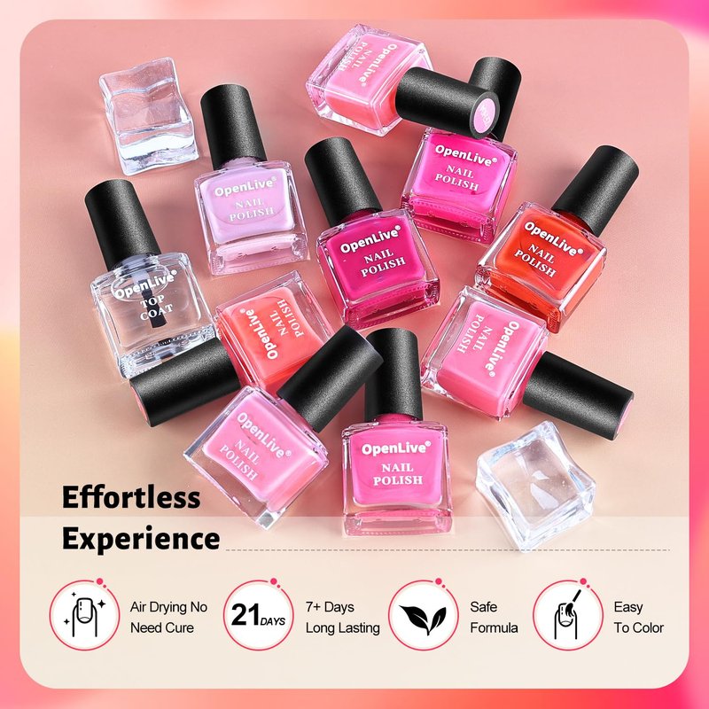 12 PCS Pink Nail Polish Set - 10 Vibrant Colors + 2 Base & Top Coats | Fast Drying, Long Lasting 5ML