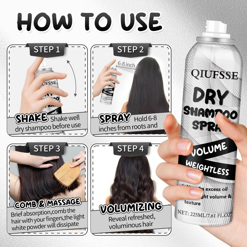 QIUFSSE Dry Shampoo Spray,Volumizing Dry Shampoo for Women & Men,Absorbs Excess Oil,Instant Refresh Hair,Contains Rice Starch,Replenishes Hair Keratin,Nourishes Hair Roots,7.61 oz