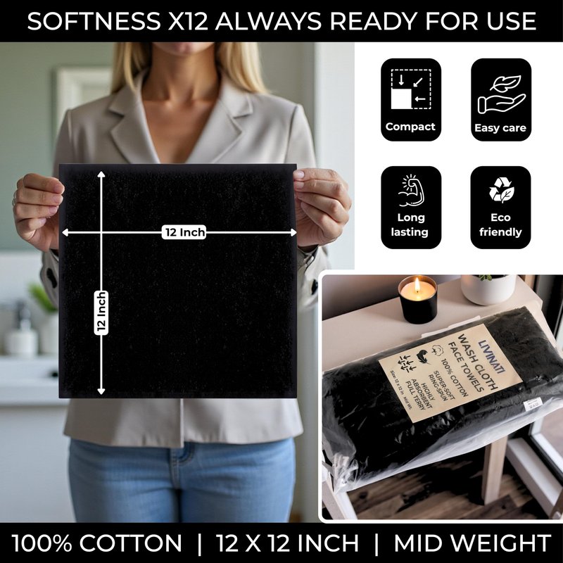 LIVINATI Black 100% Cotton Wash Cloths for Showering Body and Face - 12"X12" 12 Pack Washcloths - Small Terry Towel Bath Rags for Adults and Kids Bathroom - Soft Absorbent