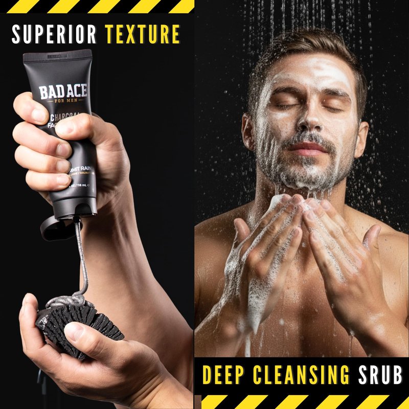 BAD ACE Daily Men's Charcoal Face Wash with Scrubs, Korean Exfoliating Face Wash - Premium Mens Face Scrub, Deep Cleansing Skin Care | Men's Facial Cleanser for Oily Skin & Normal Skin, 4 oz