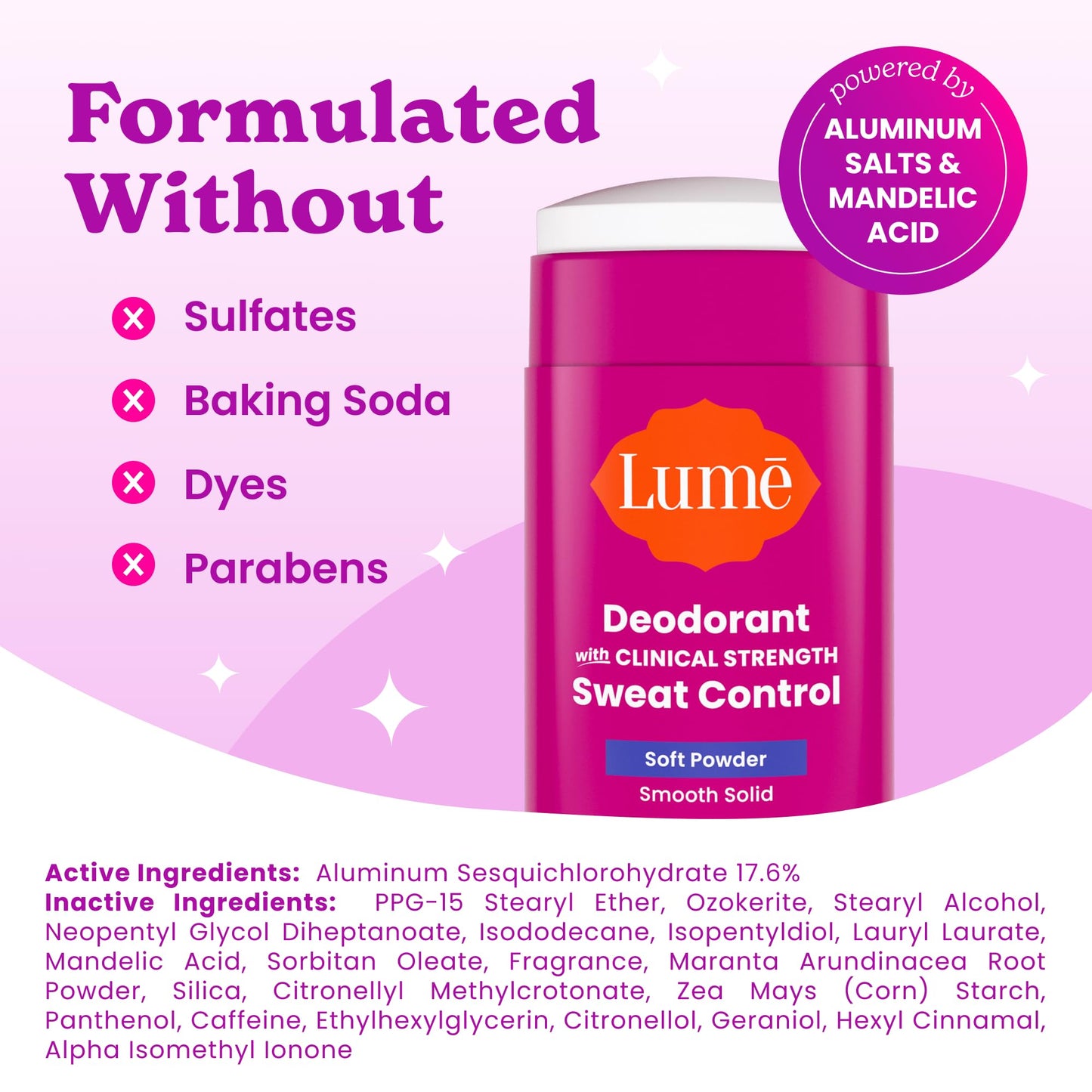 Lume Deodorant Plus Sweat Control - Smooth Solid Stick Deodorant for Women - Extra Strength Antiperspirant - 72 Hour Odor & Sweat Control - Baking Soda Free, Skin Loving - (Soft Powder)