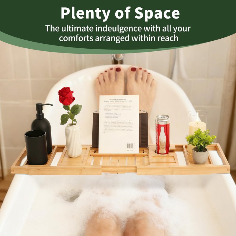 ARFETIGO Premium Bamboo Luxury Foldable Bathtub Tray - Natural Bamboo Bath Tray for Tub, Bamboo Bathtub Shelf, Expandable Bath Table Trays, Bathtub & Bathroom Accessories for New Home & Great Gifts