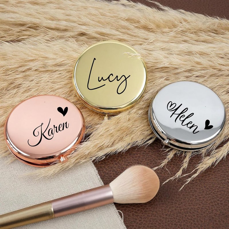 Personalized Compact Travel Mirror with Name and Heart, 2x/1x Magnifying Portable Mirror, Small Cosmetic Makeup Mirror Gift for Bridesmaid, Maid of Honor, Mom