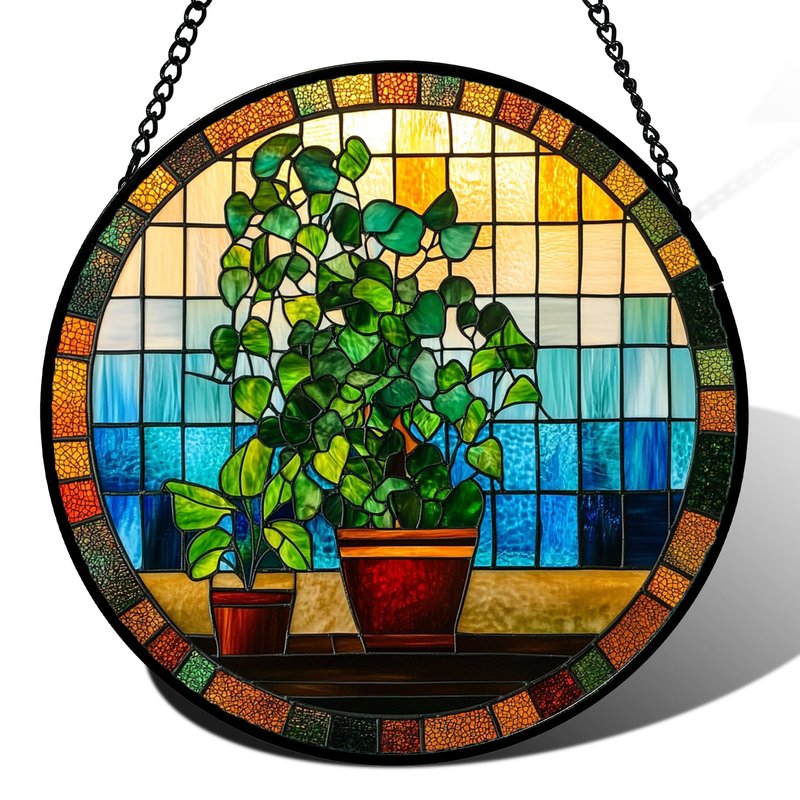 QZQCBLC Stained Glass Window Hanging Green Potted Plants 6.3" - Suncatcher Door Garden Sun Catcher Retro Home Decor Birthday Christmas for Mom Men Woman Nana Friend