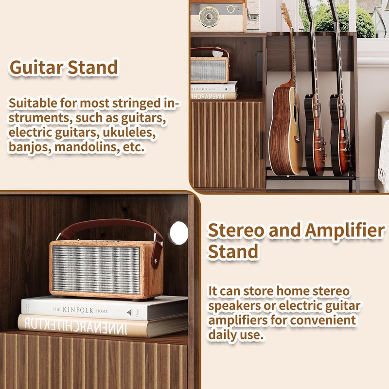 Guitar Stand with Vinyl Record Storage - Multi-Guitar Holder & Power Outlet | Ideal for Acoustic, Electric, Bass, Amp