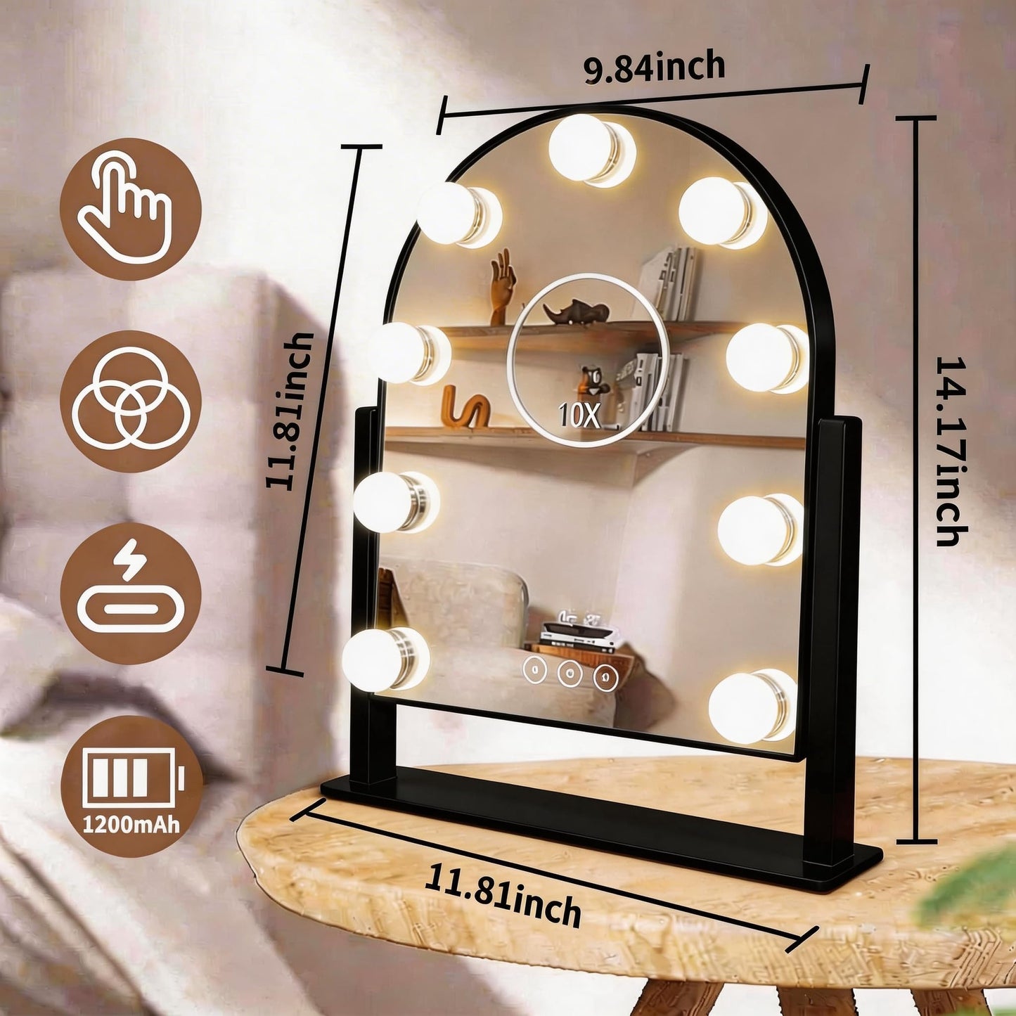 SLIMOON Arched Makeup Vanity Mirror with LED Lights Makeup Mirror Detachable 10X Magnification, Hollywood Make Up Mirror with Lighting, Smart Touch, Rechargeable,360° Rotation,Black 14.17"x 11.81"