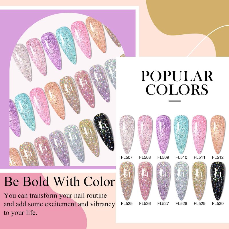 Four Lily 12 Pcs Reflective Glitter Gel Nail Polish, Shimmery Gel Polish Set Sparkly Shiny Gel Soak Off UV LED Nail Art Varnish Manicure Kit DIY at Home