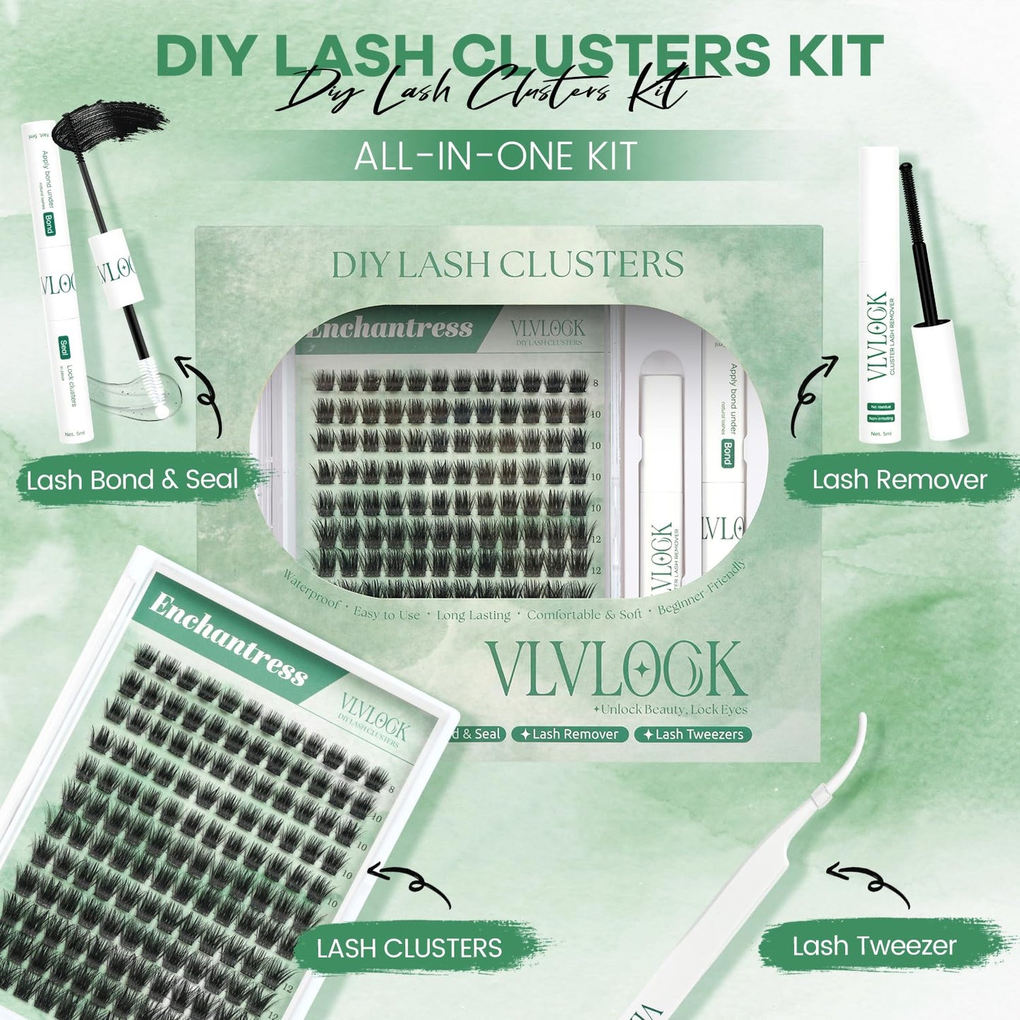 VLVLOCK Enchantress Lash Clusters Kit Short Lashes Clusters 8-14MM DIY Lash Extensions Kit Waterproof Long-Lasting with Ultra-Thin Band Glue Remover Tweezer for Beginners(Enchantress Short Kit 8-14mm)