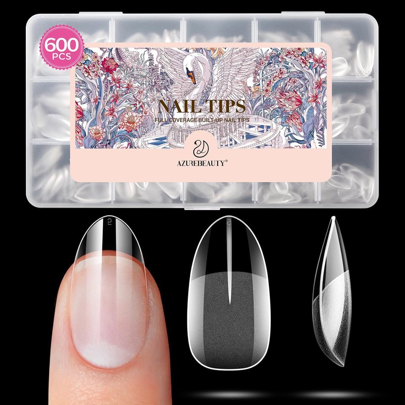 Short Almond Nail Tips, 600pcs Soft Gel Nail Tips Pre Etched Acrylic Fake Nails, Half Matte Full Cover Clear Press On False Nail Extensions for DIY Manicure at Home Nail Art 15 Sizes