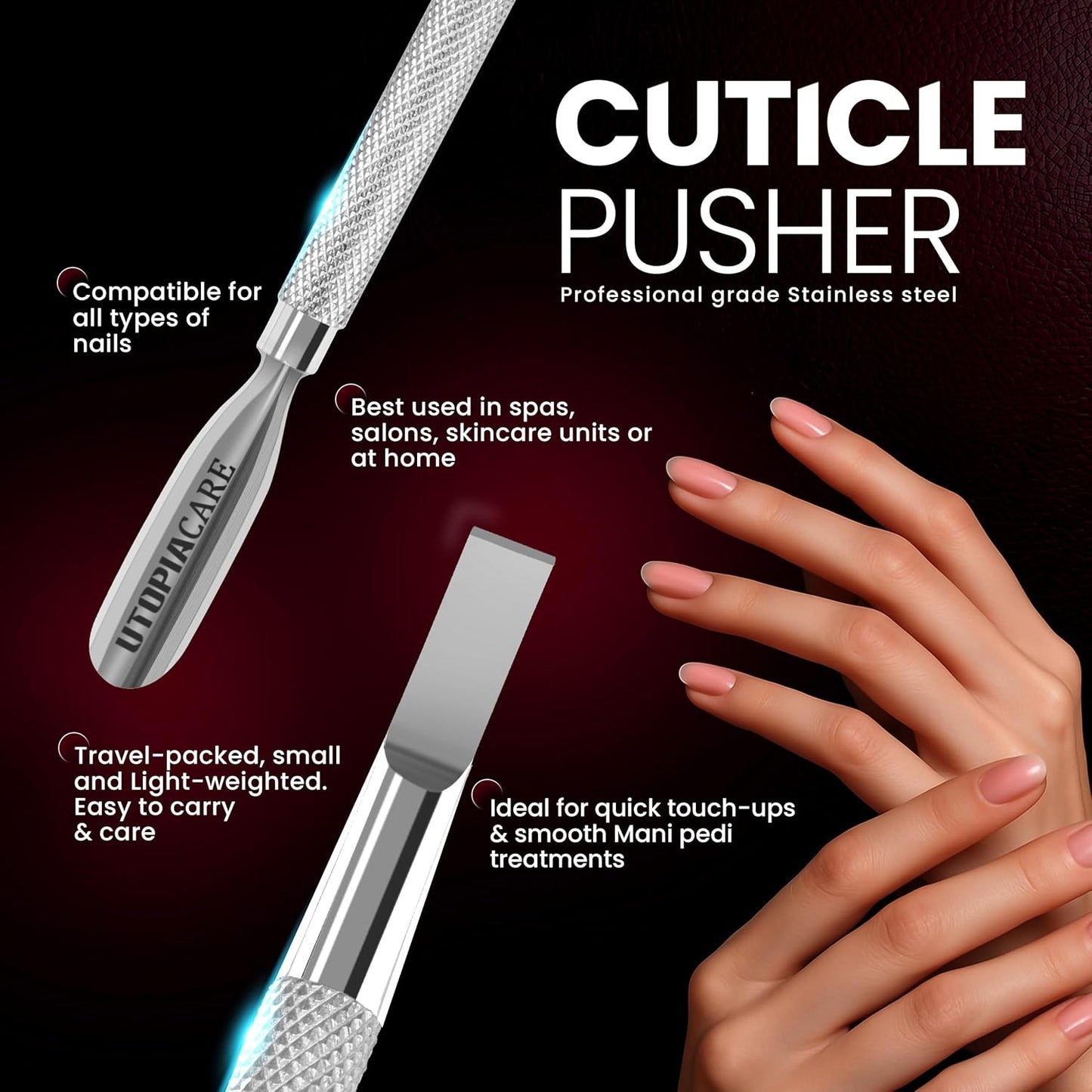 Utopia Care Cuticle Pusher Tool - Professional Stainless Steel Nail Cleaner & Remover | Durable Manicure & Pedicure Tool in Silver
