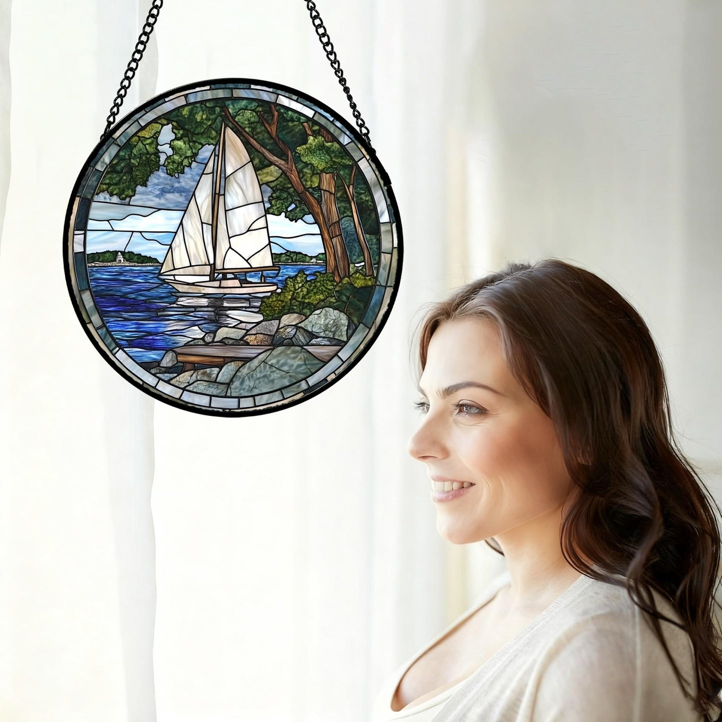 QZQCBLC Stained Glass Window Hanging Blue Ocean White Sailboat Large 15" - Nature Suncatcher Door Garden Sun Catcher Home Decor Birthday Christmas for Woman Mom Men Friend Nana