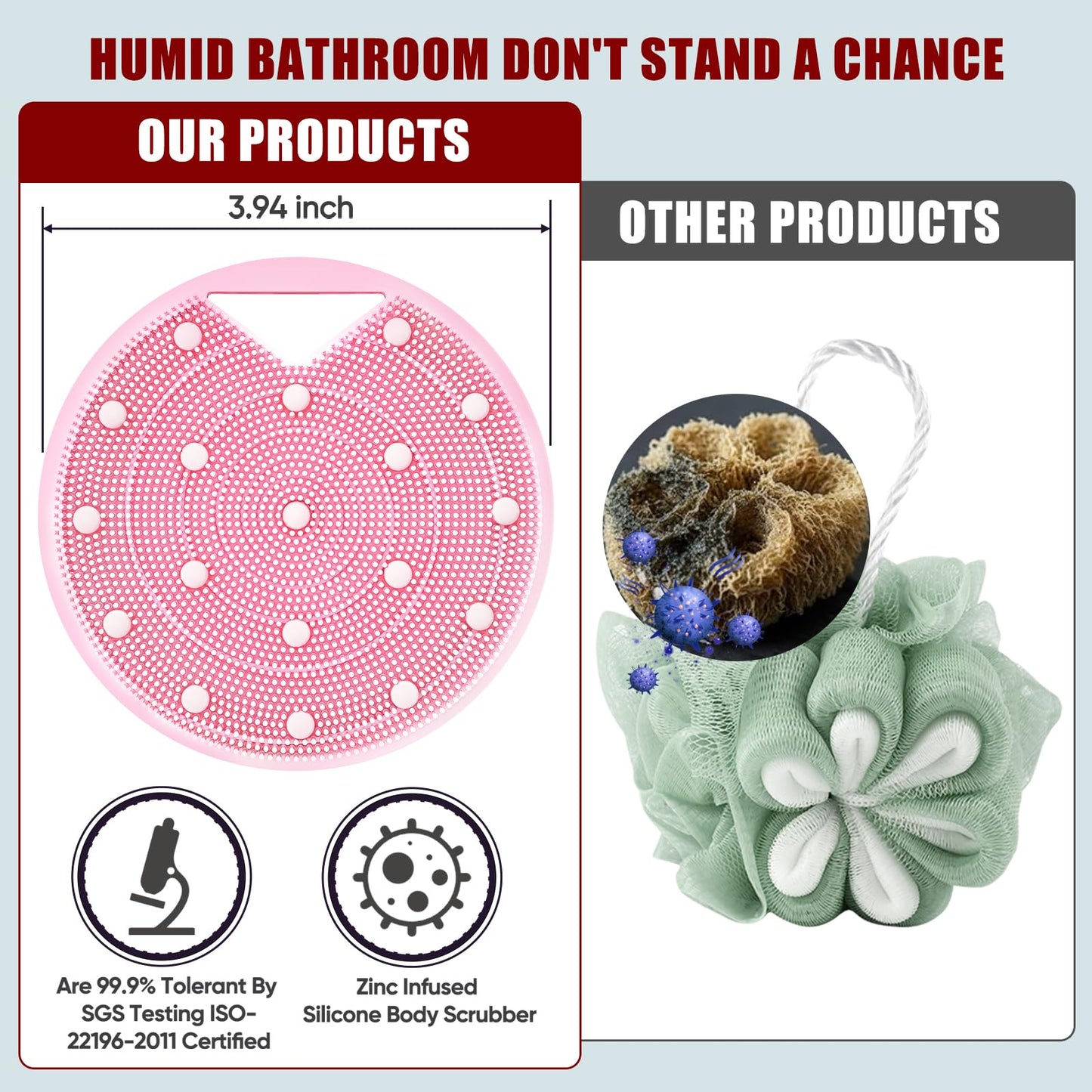 XCRUCC Silicone Body Scrubber - Anti Zinc Infused- Stiff & Soft Bristles Exfoliating Body Scrubber for Shower Body,Unblock Blood Circulation,Lymphatic Drainage - Pink