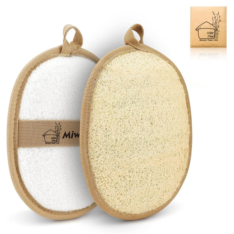 Miw Piw Natural Loofah Exfoliating Body Scrubber, Loofah Bath Sponge, Luffa for Women and Men, 100% Biodegradable Compostable, Dye Free, Zero Waste Eco Friendly Sustainable (Pack 2-4.7" x 6.3" Each)