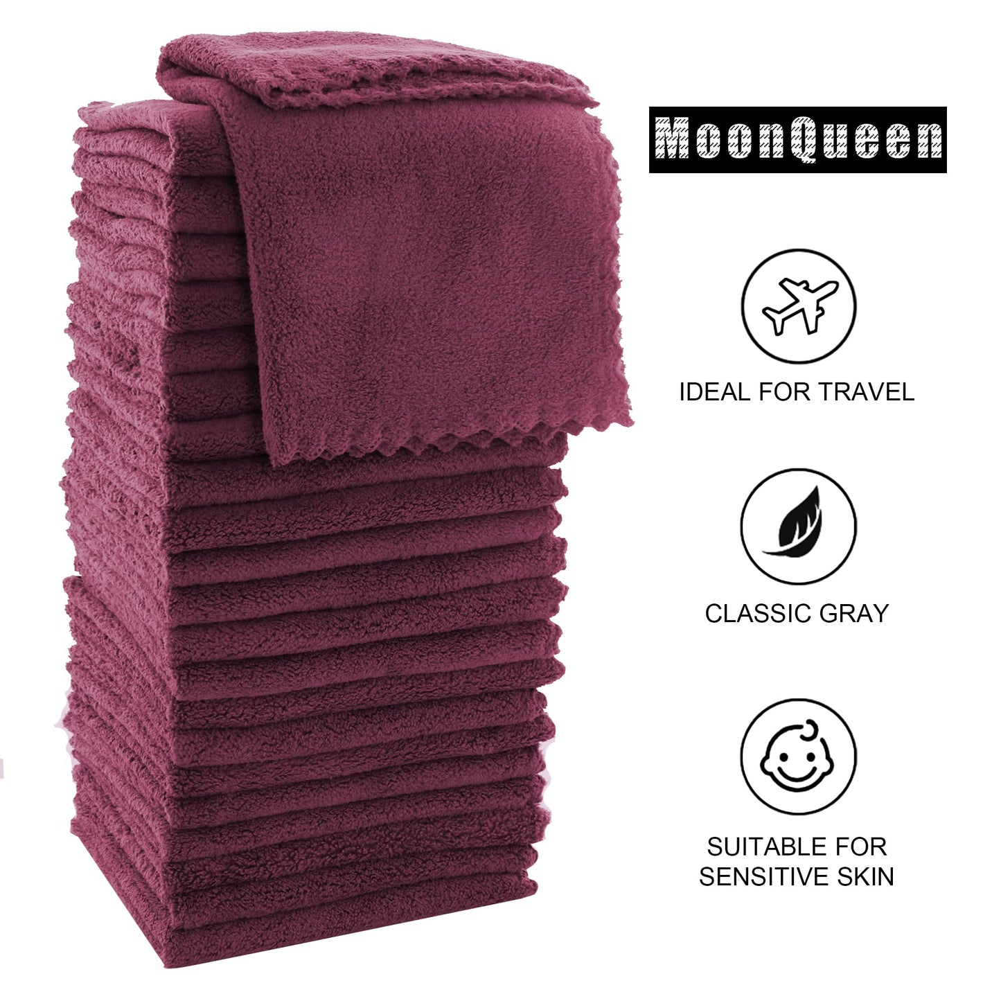 MOONQUEEN Ultra Soft Premium Washcloths Set - 12 x 12 inches - 72 Pack - Quick Drying - Highly Absorbent Coral Velvet Bathroom Wash Clothes (Burgundy)