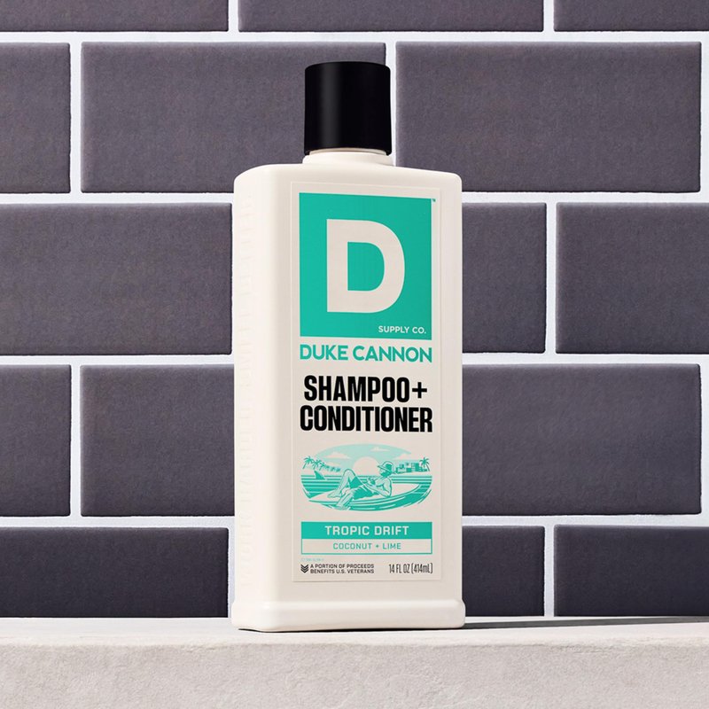 Duke Cannon Supply Co. 2-in-1 Shampoo and Conditioner for Men – Tropic Drift Scent, Coconut & Lime, Tea Tree & Menthol, Strengthening Formula with Barley Protein, 14 oz