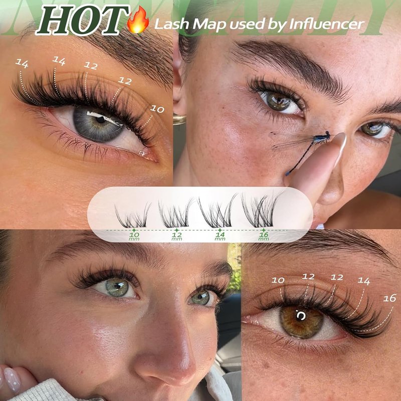 Newcally Natural Lash Clusters - Invisible Band Eyelash Extensions | CC-Curly, 10-16MM Sizes