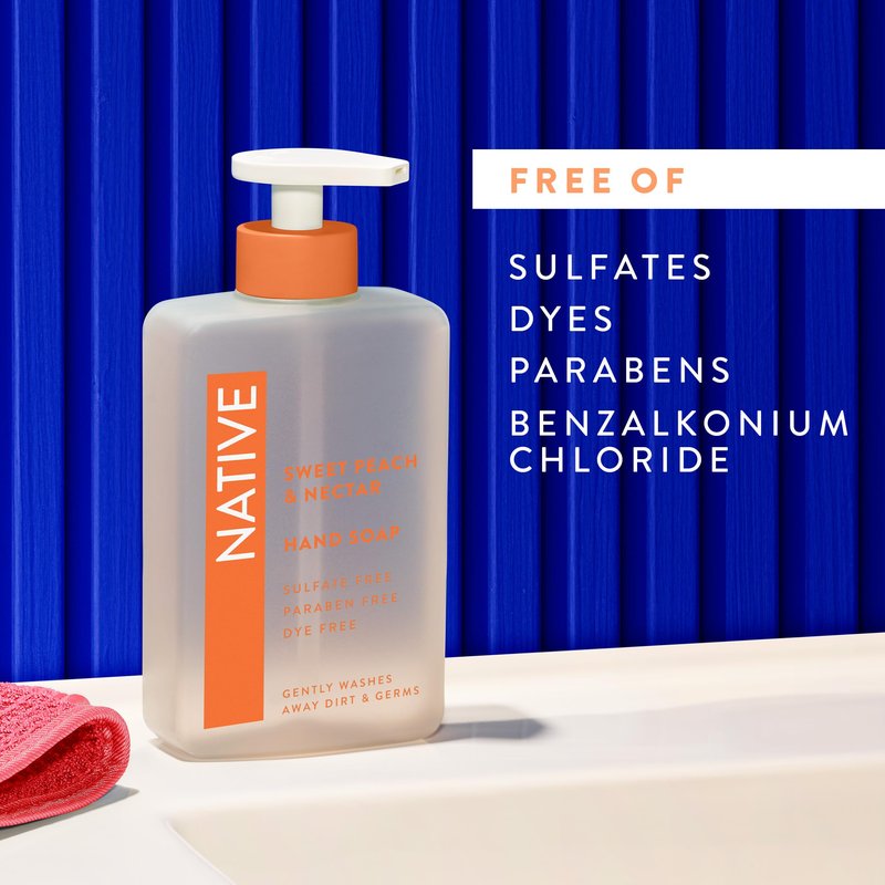 Native Liquid Hand Soap, Sweet Peach & Nectar Scent, Non-Drying Formula for Soft, Smooth Hands, Made with Plant-Based Cleansers, Sulfate & Paraben Free, 13 oz Bottle