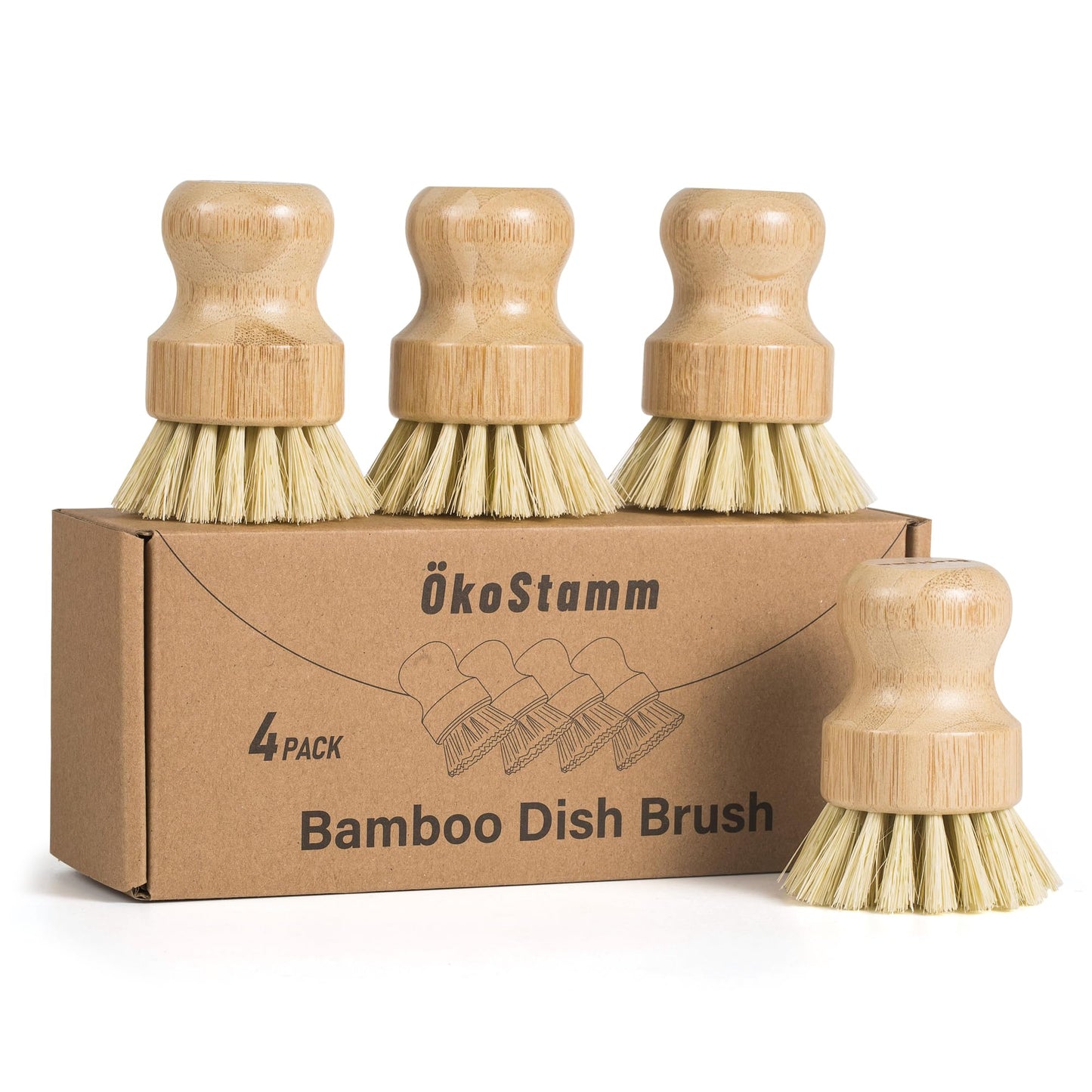 ÖkoStamm 4 Pack Bamboo Dish Brush, Dish Scrubber Brush with Sisal Bristle, Natural Scrub Brush for Kitchen Cleaning Dishes, Pots, Pans, Bottles, Vegetables
